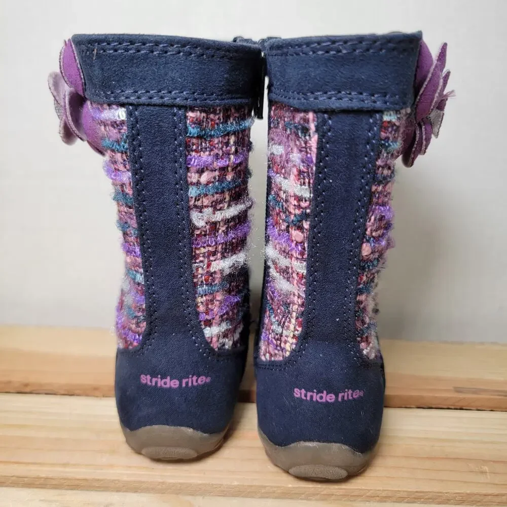 Stride Rite Girls Dark Blue & Purple Boots w/ Single Flower - Size 5.5M